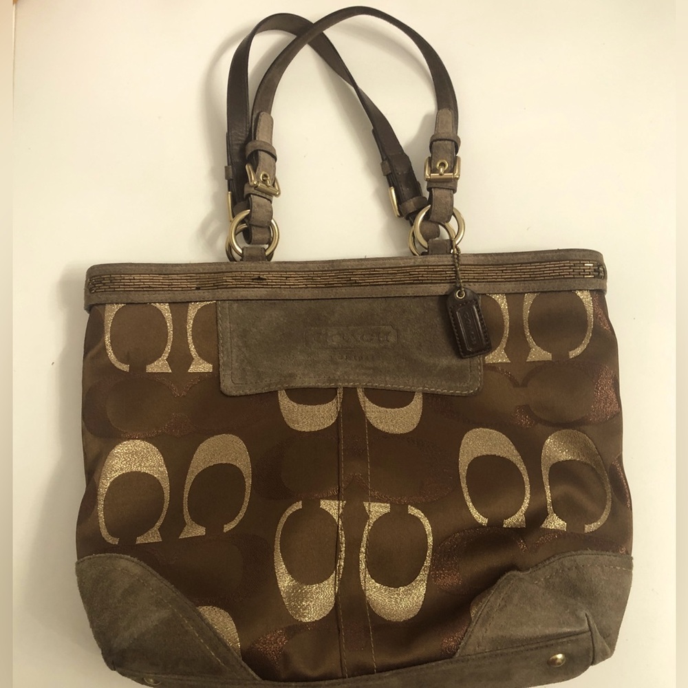 Coach est 1941 Metallic Bronze Beaded Leather Large Signature Tote Purse 10445